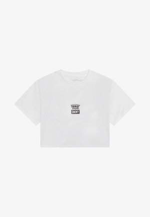 Weißes, kurz geschnittenes T-Shirt mit kurzen Ärmeln, versehen mit einem schwarzen "Looney Tunes DKNY" Schriftzug, der mittig auf der Brust platziert ist.
