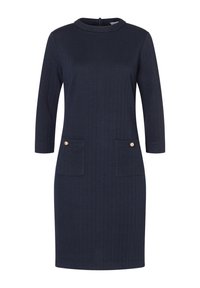 Dunkelblaues Kleid mit strukturiertem Fischgrätmuster, Dreiviertelärmeln, runder Halslinie und zwei vorderen Taschen mit goldfarbenen Knöpfen.