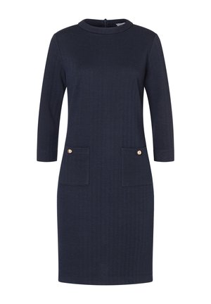 Navy blue dress with a textured herringbone pattern, three-quarter sleeves, round neckline, and two front pockets with gold-tone buttons.