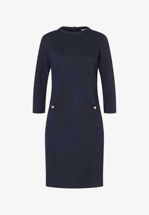 Navy blue dress with a textured herringbone pattern, three-quarter sleeves, round neckline, and two front pockets with gold-tone buttons.