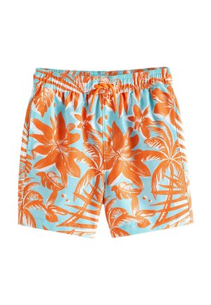 Vaaleansiniset uimashortsit, joissa kirkkaan oransseja trooppisia kukka- ja lehtikuvioita, joustava vyötärökaitale ja kiristysnyöri.