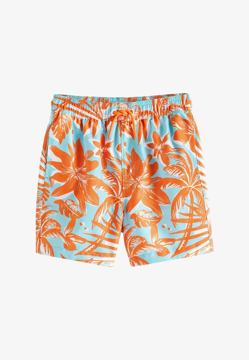 Shorts de bain bleu clair avec motifs de fleurs et feuilles tropicales orange vif, taille élastique et cordon de serrage.