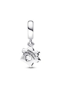 Silberner Charme in Form eines Pfotenabdrucks mit dem eingravierten Text "Pfotenabdrücke auf meinem Herzen" und einem herzförmigen klaren Kristalldetail.