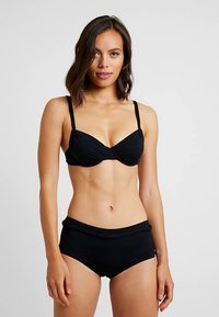 Schwarzes Bikini-Set mit einem gerafften BH-Oberteil mit verstellbaren Trägern und passenden hoch taillierten Hosen mit einer strukturierten Taille.