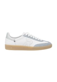 White and light blue sneakers with suede and leather materials, lace-up design, rounded toe, and a gum rubber sole.