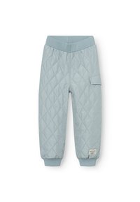 Gepolsterte, hellblaue Hose aus weichem Material, mit einem gerippten Taillenbund, umgeschlagenen Säumen und einer Seitentasche mit Klappendetails.