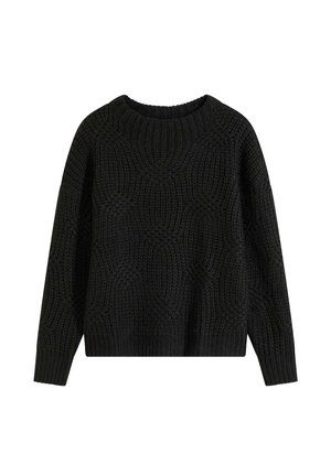Maglione nero a maglia con un motivo testurizzato, dotato di scollatura rotonda e maniche lunghe. La maglia presenta un design geometrico in rilievo.