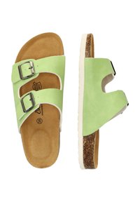 Gr�üne Leder-Sandalen mit zwei verstellbaren Schnallen, Korkfußbett und weißer Gummisohle. Offenes Zehendesign und konturierte Form für zusätzlichen Komfort.