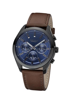 Montre pour homme avec un cadran bleu, boîtier noir, trois sous-cadrans indiquant 24 heures, jour et date, et un bracelet en cuir marron.