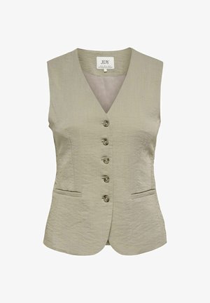 Chaleco beige sin mangas para mujer con escote en V, cinco botones delanteros y dos pequeños bolsillos frontales, fabricado por la marca JDY.