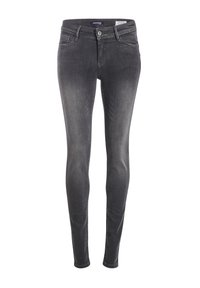 Jeans ajustados en denim negro desgastado, con un diseño clásico de cinco bolsillos, cierre de botón y un ligero estiramiento para mayor comodidad.