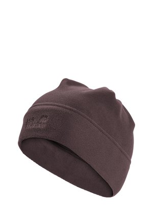 Donkerbruine fleece muts met een klein geborduurd Jack Wolfskin-logo aan de voorkant.