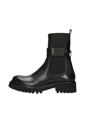 Black ankle boots with a smooth leather exterior, textile side panels, a thick rubber sole, and a buckle accent on the outer side.