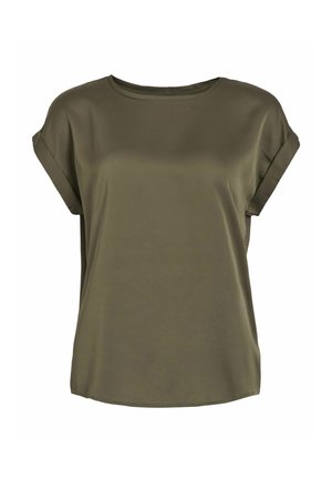 Maslinasto zeleni kratki rukav majica od glatke, lagane tkanine; sadrži okrugli izrez i rukave s prevrnutim manžetama s lagano opuštenim krojem.
