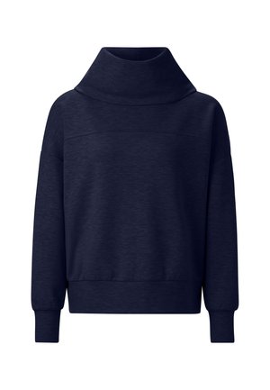 Marineblauwe sweatshirt met een hoge, brede kraag, lange mouwen en geribde manchetten. Gemaakt van een zachte, textuurstof met een ontspannen pasvorm.