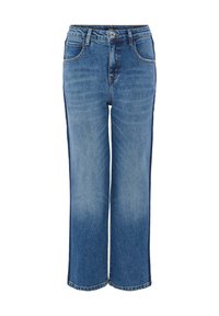 Wide-leg denim jeans in light blue wash, featuring contrasting dark blue side panels, five pockets, and a button closure.