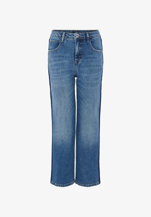 Wide-leg denim jeans in light blue wash, featuring contrasting dark blue side panels, five pockets, and a button closure.