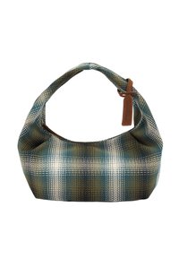 Hobo-Tasche mit blauem, grünem und beige kariertem Muster aus strukturiertem gewebtem Stoff, mit braunem Lederakzent am Griff.