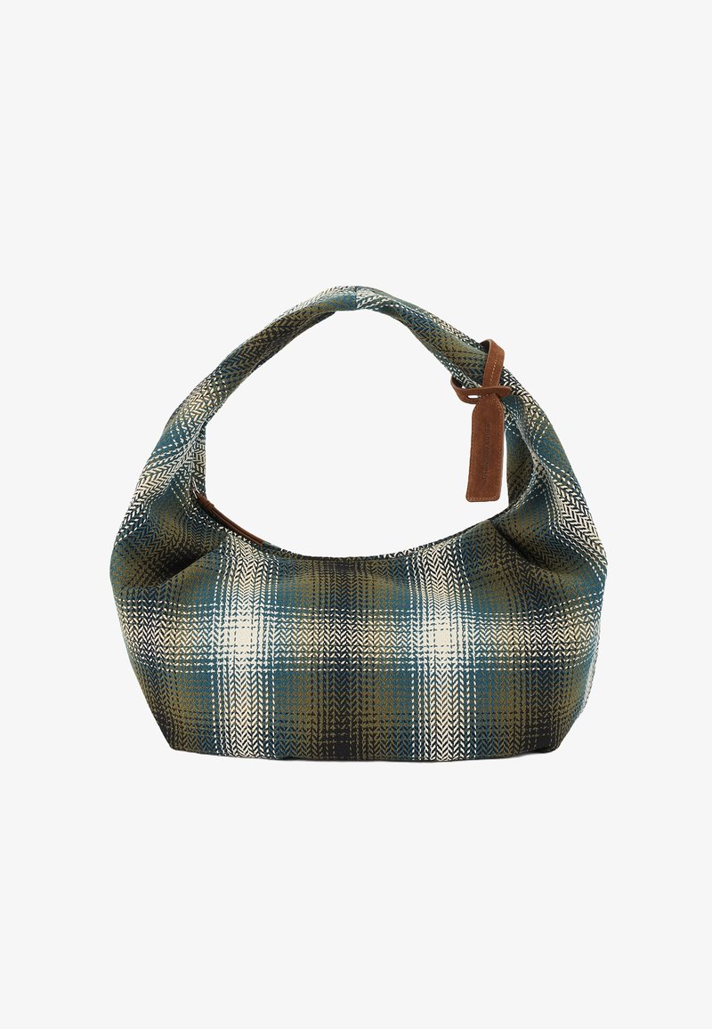 Hobo-Tasche mit blauem, grünem und beige kariertem Muster aus strukturiertem gewebtem Stoff, mit braunem Lederakzent am Griff.