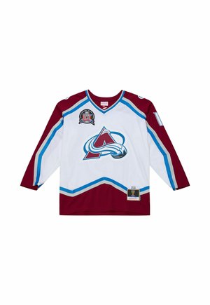 White and burgundy Colorado Avalanche hockey jersey with blue stripes, team logo centered, and patches on chest and lower hem.