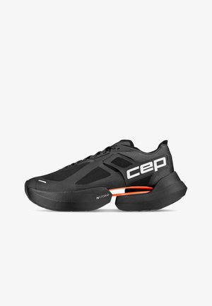 Black athletic running shoe with thick sole, white "cep" logo on side, orange support bar near heel, and N+FOAM cushioning label.