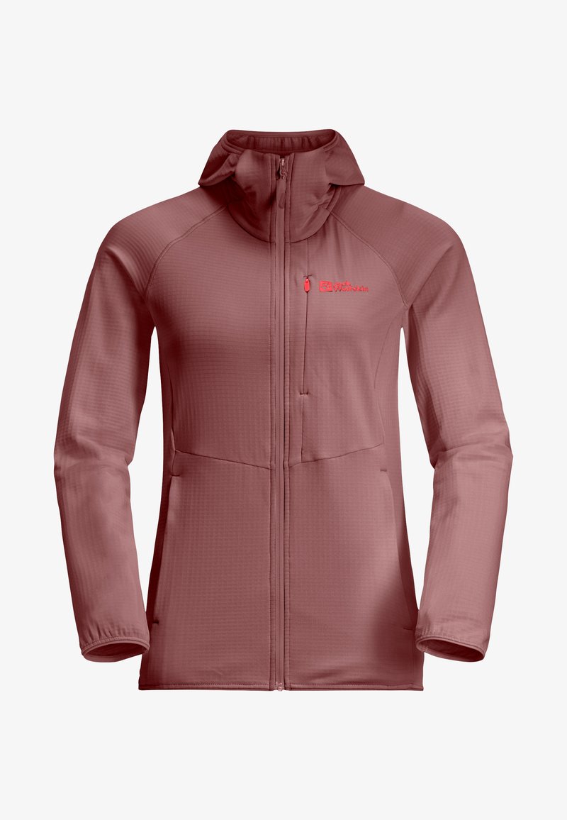 Giacca in fleece rosa polveroso con colletto alto, zip frontale completa, tessuto testurizzato e tasca sul petto con un nastro rosso.