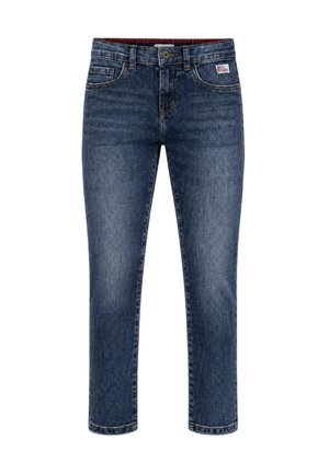 Jeans blu a gamba dritta con chiusura a bottone e cerniera, tasche frontali e taschino porta monete, e una piccola toppa con logo sulla tasca anteriore destra.