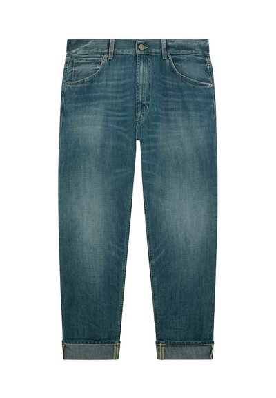 Jeans in denim di un blu sbiadito con un design a gamba dritta. Presentano orli arrotolati e uno stile classico a cinque tasche.