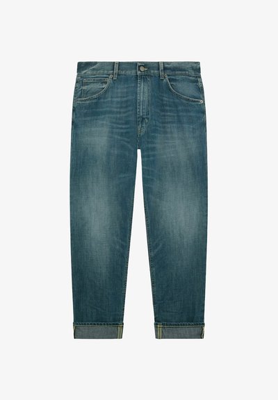 Jeans in denim di un blu sbiadito con un design a gamba dritta. Presentano orli arrotolati e uno stile classico a cinque tasche.