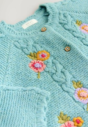 Gilet en tricot bleu clair avec un motif texturé. Présente une broderie florale en rose, jaune et violet, ainsi que des boutons en bois brun.