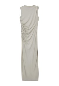 Ärmelloses, hellgraues Kleid aus weichem Stoff mit drapierten Details an der Seite und einer geraden Silhouette.