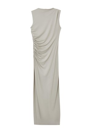 Ärmelloses, hellgraues Kleid aus weichem Stoff mit drapierten Details an der Seite und einer geraden Silhouette.