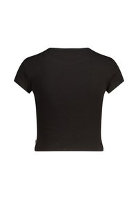 Black ribbed crop top with short sleeves and a rounded neckline. Smooth texture with a close-fitting silhouette and minimal branding.