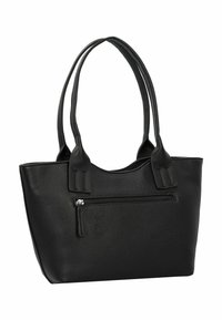 Borsa tote in pelle nera con superficie texturizzata, due manici e una tasca frontale con zip. Presenta un design strutturato e un interno spazioso.