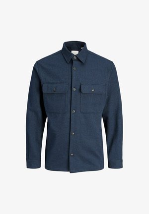 Navy blue wool blend jacket with button closure, two chest pockets, and a classic collar; textured fabric with a herringbone pattern.