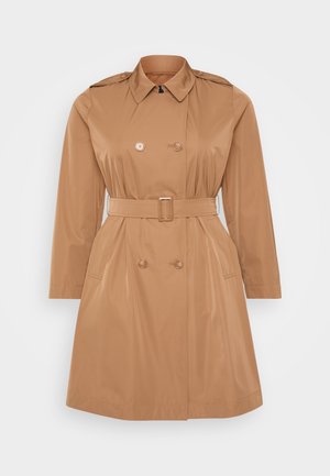 Tan trenchcoat met een dubbele rij knopen, schouderepauletten, een ceintuur in de taille en zijzakken. Glad, waterafstotend materiaal.