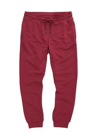 Bordeaux-huoneiset jogginghousut, joissa on elastinen vyötärö, naru, sivutaskut ja kuminauhakädepurekkeet valkoisella taustalla.