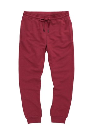 Bordeauxfarbene Jogginghosen mit elastischem Bund, Kordelzug, Seitentaschen und umgeschlagenem Knöchelbund auf weißem Hintergrund.