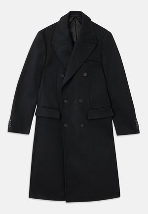 Schwarzer Woll-Doppeltverschluss-Mantel mit großem Reverskragen, zwei vorderen Taschen, knöpfbaren Manschetten und einer schlanken, geraden Silhouette.
