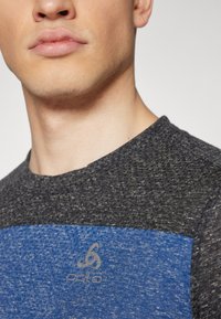 Short-sleeve t-shirt made of textured fabric featuring a dark gray body with a blue horizontal stripe and a logo on the chest.