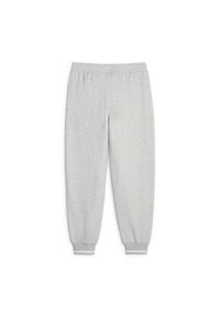 Pantalones de chándal grises hechos de una tela suave, con una cinturilla elástica y puños en los tobillos, con una textura lisa en toda su superficie.