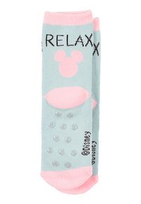 Hellblaue Socken mit pinkfarbenen Akzenten, mit einem Mickey-Mouse-Design, dem Schriftzug "RELAXXX" und rutschfesten Punkten auf der Sohle.