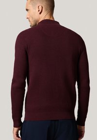Mężczyzna w teksturowanym, długim rękawie, ciemnoczerwonym swetrze, pokazany z tyłu na tle jednolitego, jasnego tła.