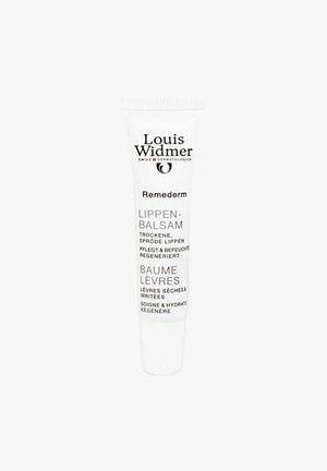 White tube of lip balm with a screw-top cap, featuring black text stating "Louis Widmer Remederm Lippen-Balsam" and product details in multiple languages.