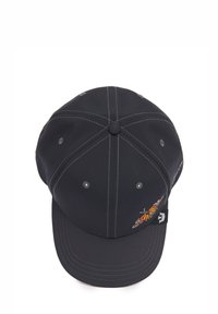 Black baseball cap with contrasting stitching, featuring a colorful butterfly embroidery on the side. Curved visor, six-panel design.