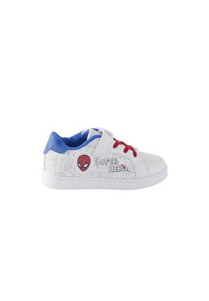 White children's sneaker with blue lining, red laces, velcro strap, Spider-Man face, and "Super Hero" text on the side.