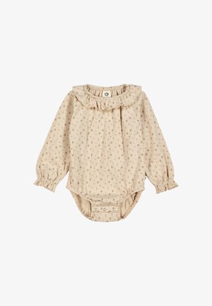 Langärmliger Baumwoll-Body in Beige mit kleinem Blumenmuster. Mit Rüschensaum am Kragen und an den Manschetten, Druckknöpfen im Schritt für einfaches Ankleiden.