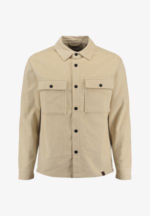 Giacca camicia in corduroy beige con colletto classico, maniche lunghe, due tasche sul petto e bottoni neri su un tessuto testurizzato.