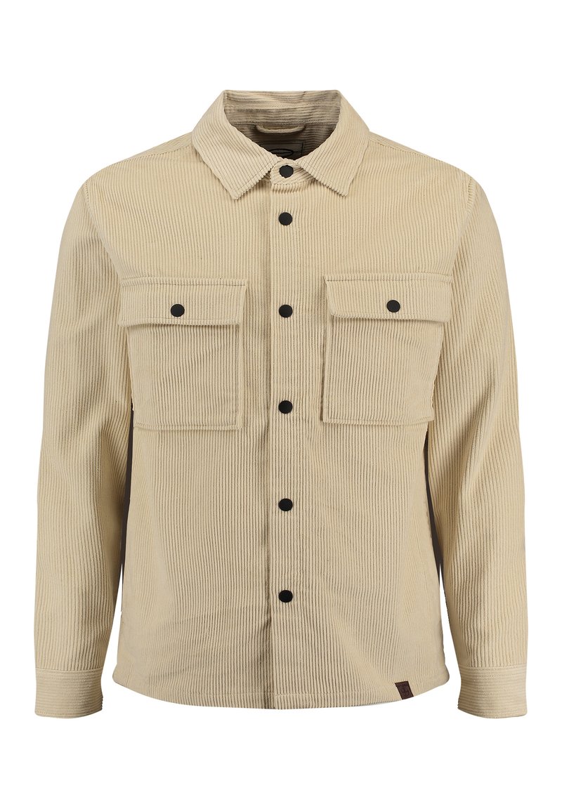 Giacca camicia in corduroy beige con colletto classico, maniche lunghe, due tasche sul petto e bottoni neri su un tessuto testurizzato.
