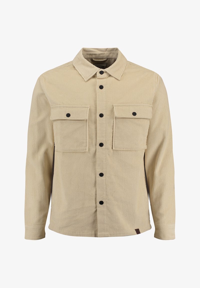 Beige corduroy shirt jacketti, jossa on klassinen kaulus, pitkät hihat, kaksi rintataskua ja mustat napit tekstuurilla varustetussa kankaassa.